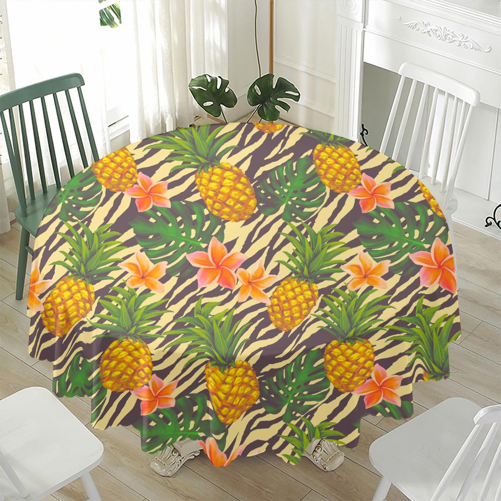 Vintage Zebra Pineapple Pattern Print Waterproof Round Tablecloth