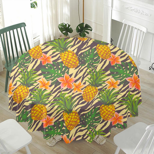 Vintage Zebra Pineapple Pattern Print Waterproof Round Tablecloth