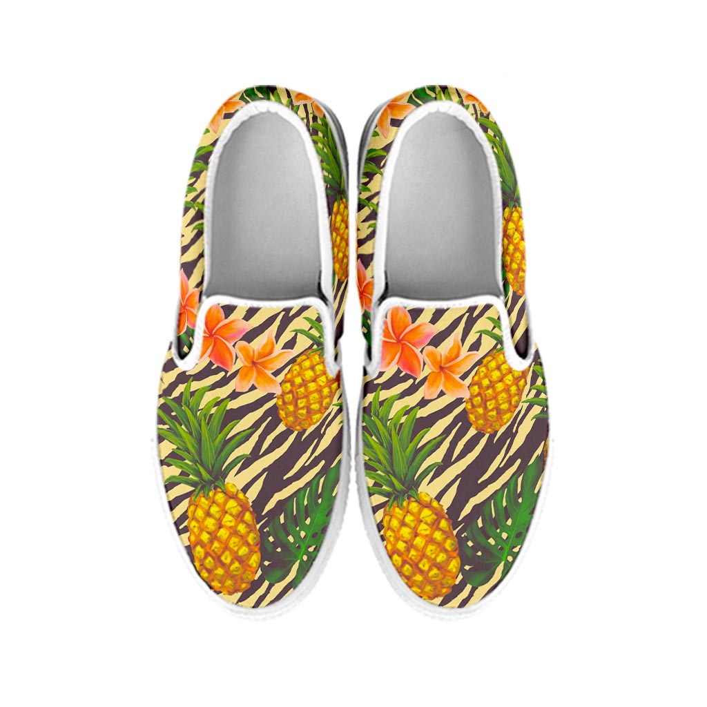 Vintage Zebra Pineapple Pattern Print White Slip On Sneakers