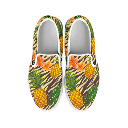 Vintage Zebra Pineapple Pattern Print White Slip On Sneakers