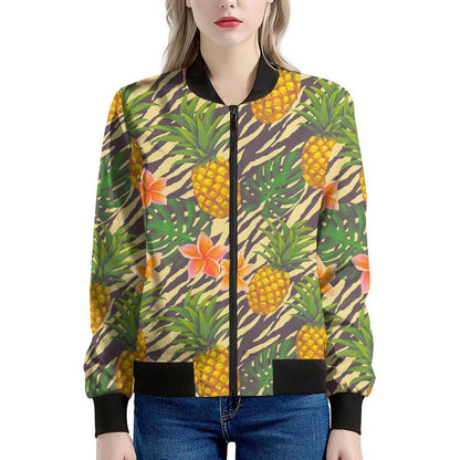 Vintage Zebra Pineapple Pattern Print Women's Bomber Jacket