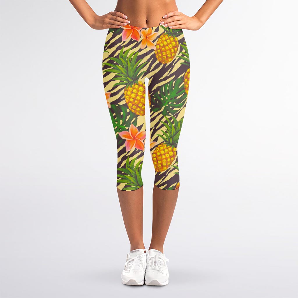 Vintage Zebra Pineapple Pattern Print Women's Capri Leggings