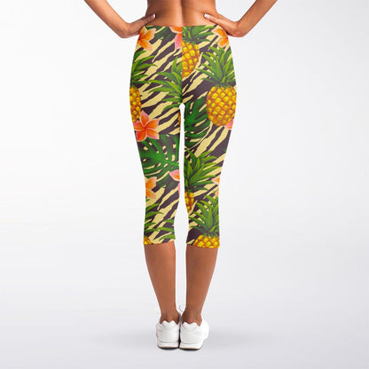 Vintage Zebra Pineapple Pattern Print Women's Capri Leggings
