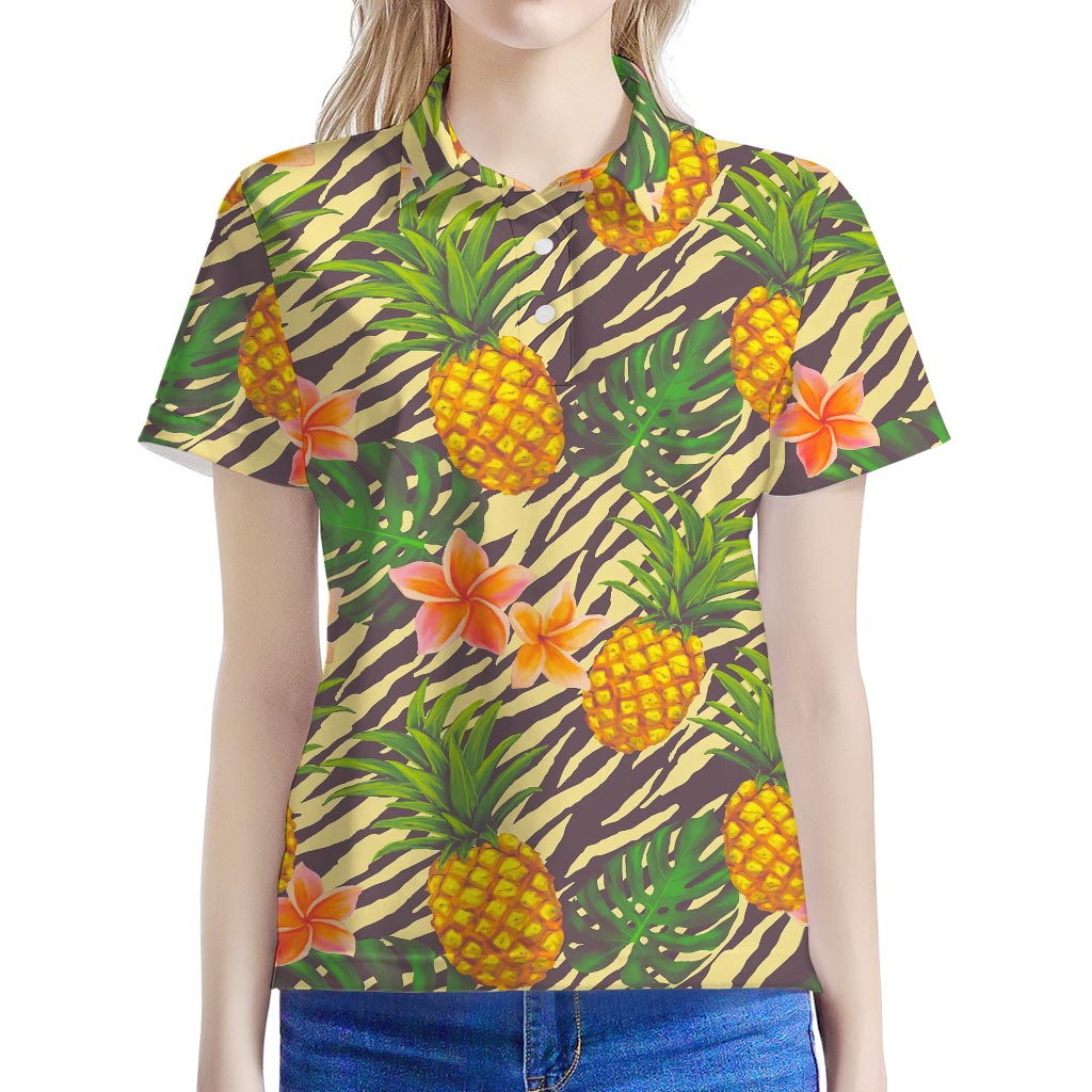 Vintage Zebra Pineapple Pattern Print Women's Polo Shirt