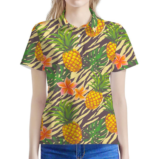 Vintage Zebra Pineapple Pattern Print Women's Polo Shirt