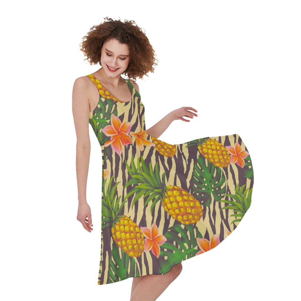 Vintage Zebra Pineapple Pattern Print Women's Sleeveless Dress