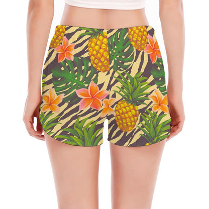 Vintage Zebra Pineapple Pattern Print Women's Split Running Shorts