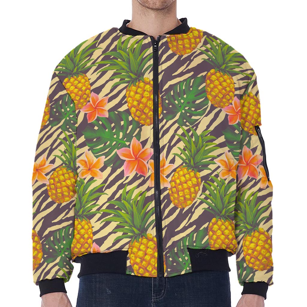 Vintage Zebra Pineapple Pattern Print Zip Sleeve Bomber Jacket