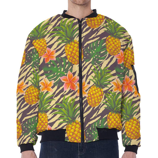 Vintage Zebra Pineapple Pattern Print Zip Sleeve Bomber Jacket