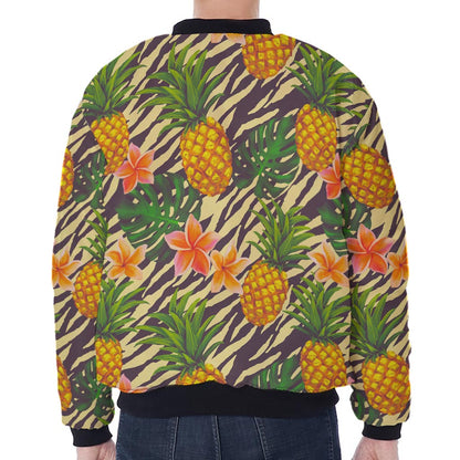 Vintage Zebra Pineapple Pattern Print Zip Sleeve Bomber Jacket