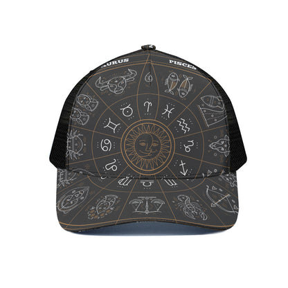 Vintage Zodiac Circle Print Black Mesh Trucker Cap