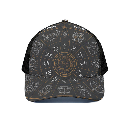 Vintage Zodiac Circle Print Black Mesh Trucker Cap