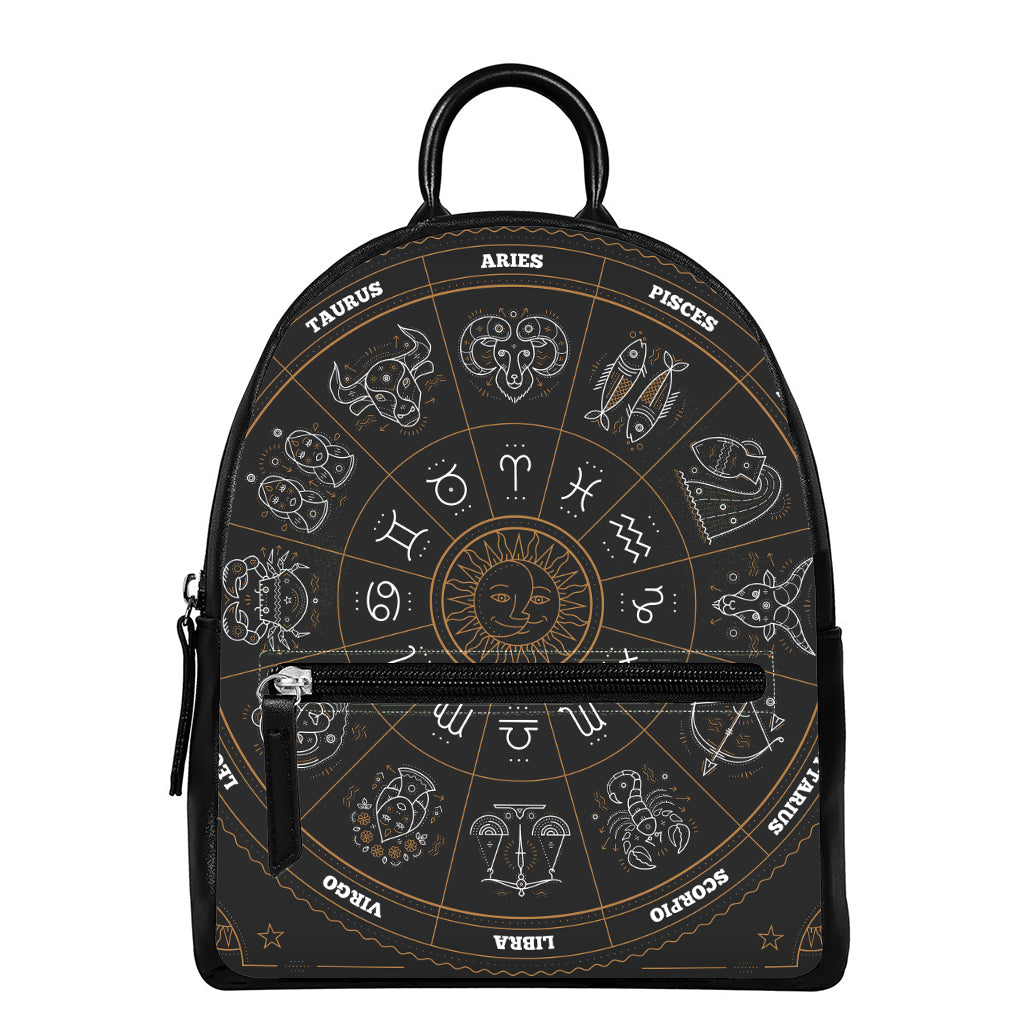 Vintage Zodiac Circle Print Leather Backpack