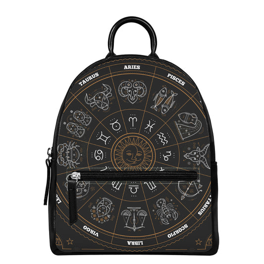 Vintage Zodiac Circle Print Leather Backpack
