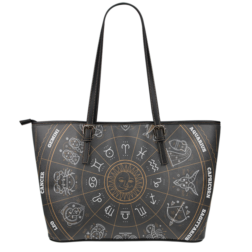 Vintage Zodiac Circle Print Leather Tote Bag