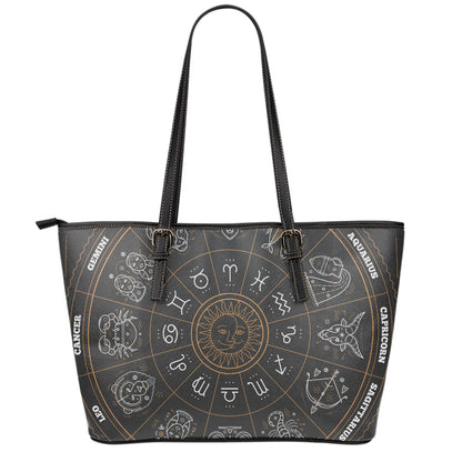 Vintage Zodiac Circle Print Leather Tote Bag