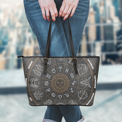 Vintage Zodiac Circle Print Leather Tote Bag