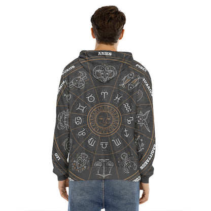 Vintage Zodiac Circle Print Men's Velvet Pullover Hoodie