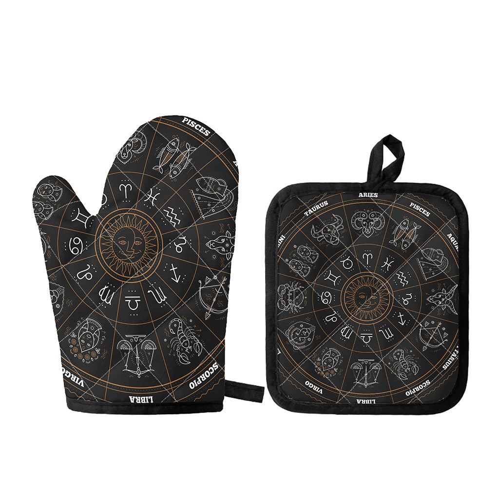 Vintage Zodiac Circle Print Oven Mitt And Pot Holder Set