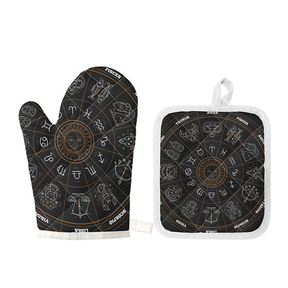 Vintage Zodiac Circle Print Oven Mitt And Pot Holder Set