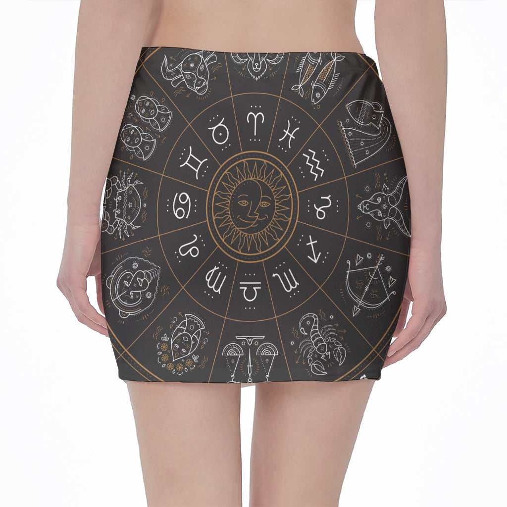 Vintage Zodiac Circle Print Pencil Mini Skirt