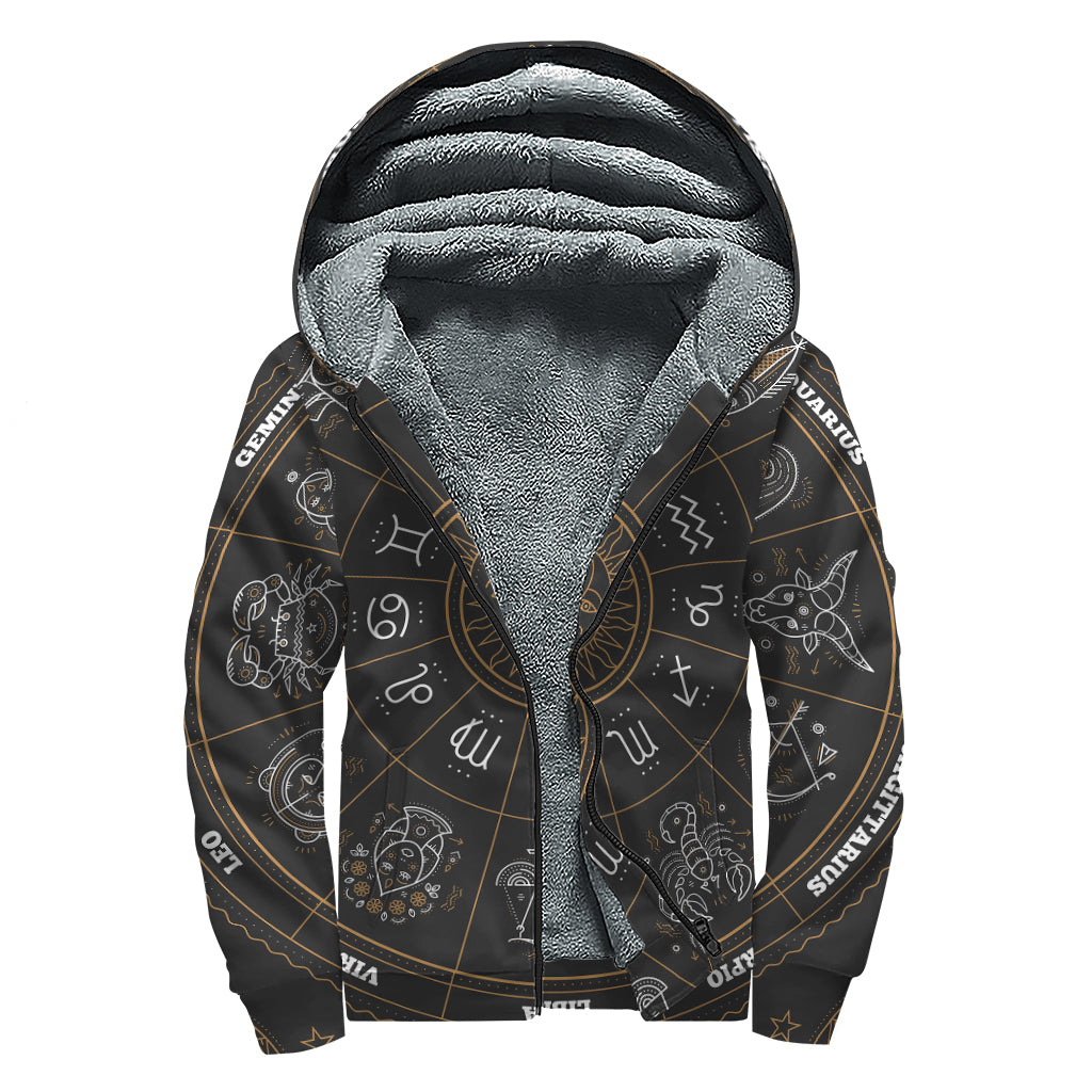 Vintage Zodiac Circle Print Sherpa Lined Zip Up Hoodie