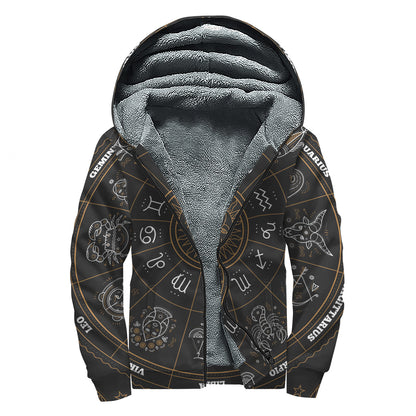 Vintage Zodiac Circle Print Sherpa Lined Zip Up Hoodie