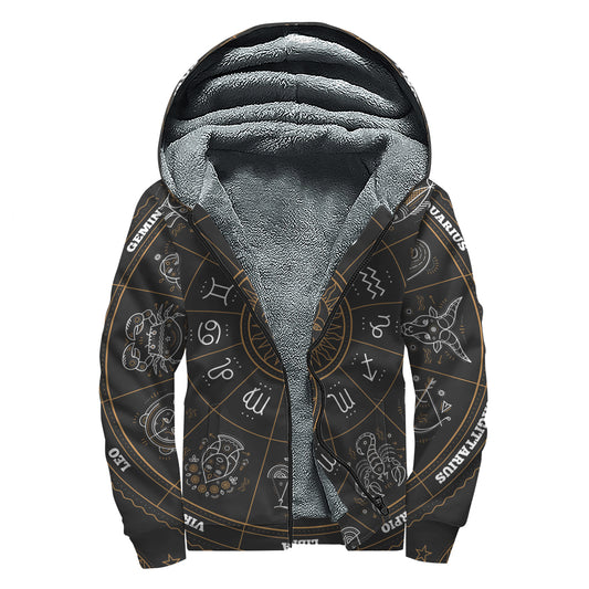 Vintage Zodiac Circle Print Sherpa Lined Zip Up Hoodie
