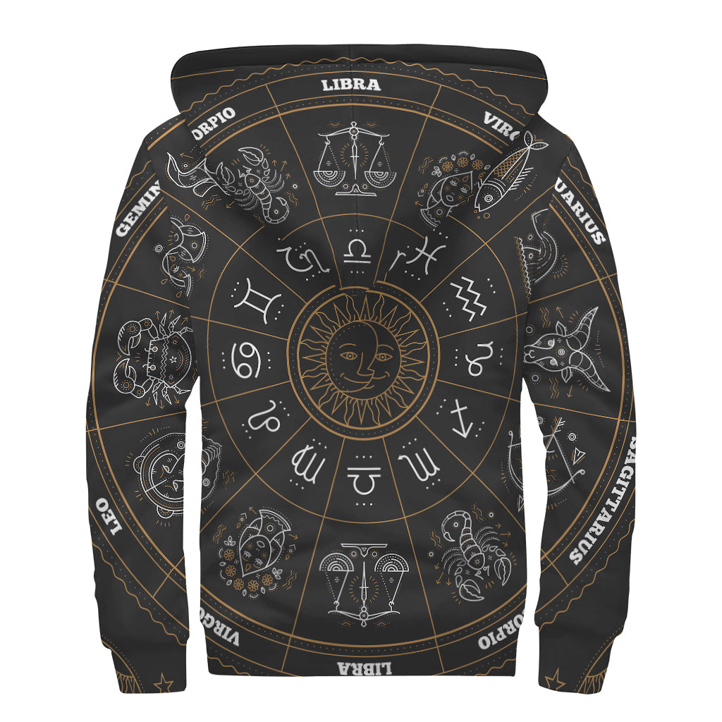 Vintage Zodiac Circle Print Sherpa Lined Zip Up Hoodie