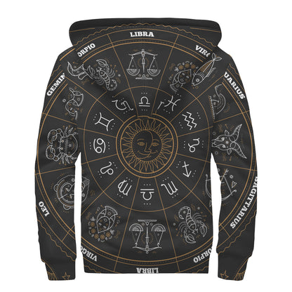 Vintage Zodiac Circle Print Sherpa Lined Zip Up Hoodie
