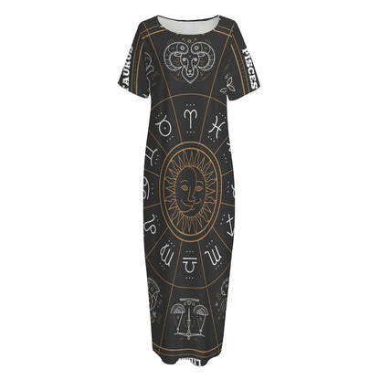 Vintage Zodiac Circle Print Short Sleeve Long Nightdress