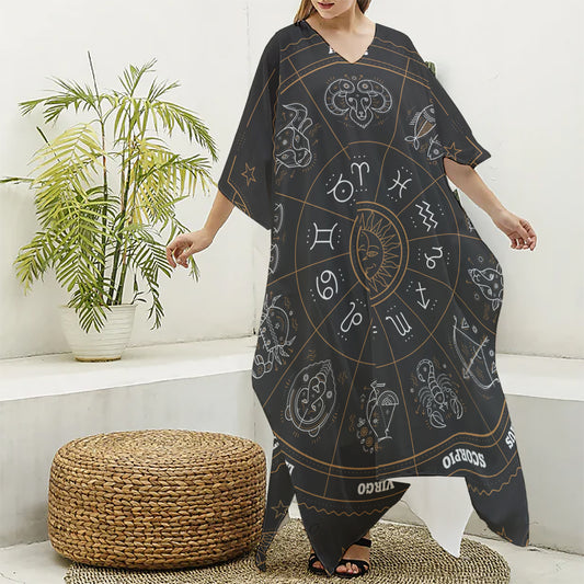 Vintage Zodiac Circle Print Silk V-Neck Kaftan Dress