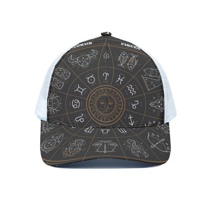 Vintage Zodiac Circle Print White Mesh Trucker Cap