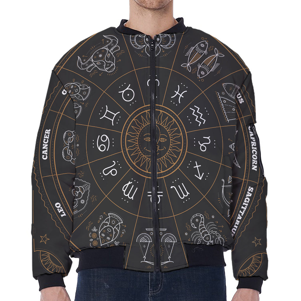Vintage Zodiac Circle Print Zip Sleeve Bomber Jacket