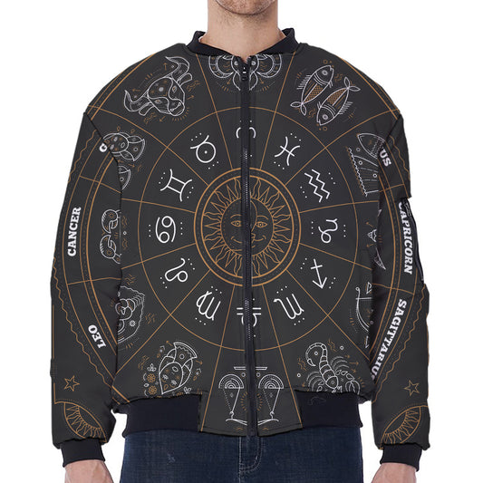Vintage Zodiac Circle Print Zip Sleeve Bomber Jacket
