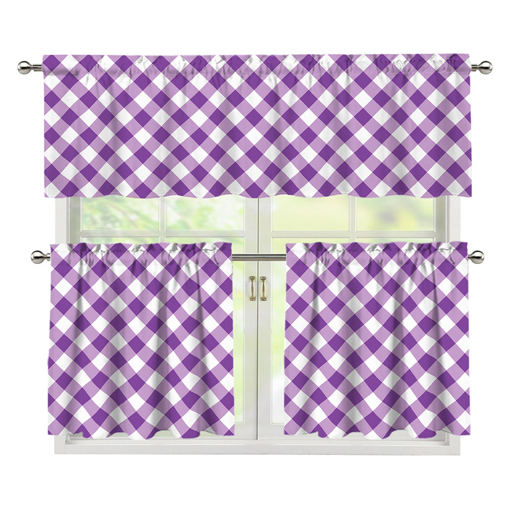 Violet And White Gingham Pattern Print 3 Piece Kitchen Curtains
