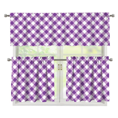 Violet And White Gingham Pattern Print 3 Piece Kitchen Curtains