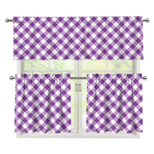 Violet And White Gingham Pattern Print 3 Piece Kitchen Curtains