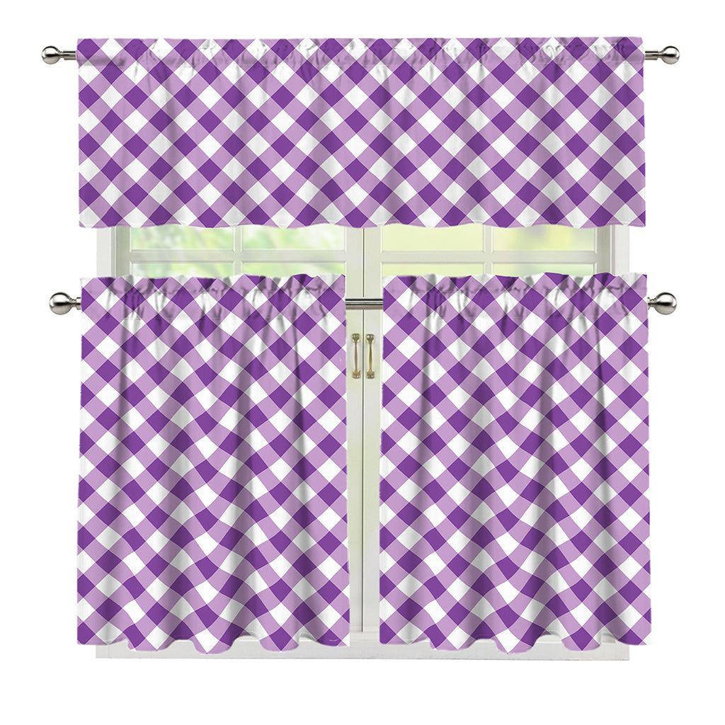 Violet And White Gingham Pattern Print 3 Piece Kitchen Curtains
