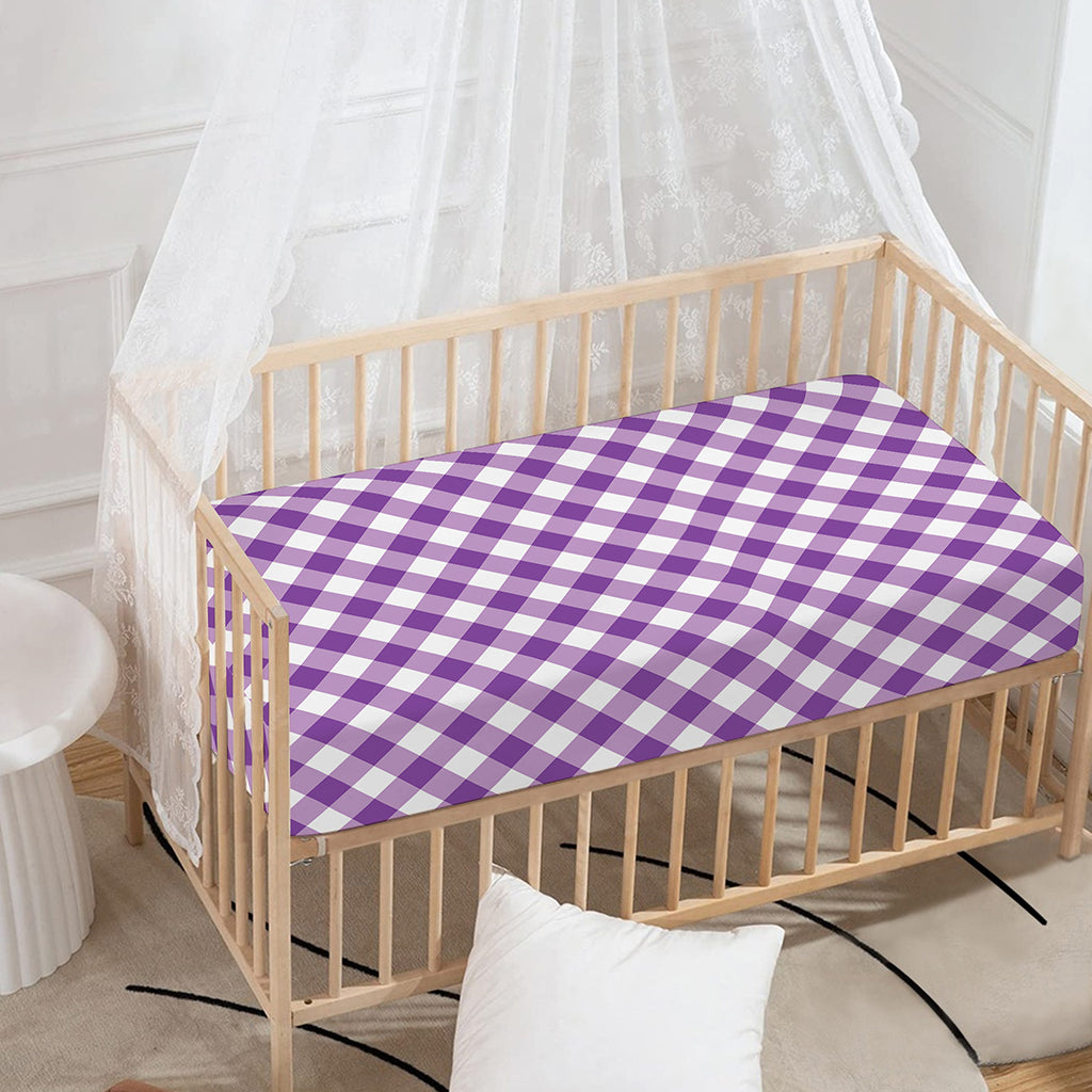 Violet And White Gingham Pattern Print Baby Crib Sheet