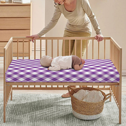 Violet And White Gingham Pattern Print Baby Crib Sheet