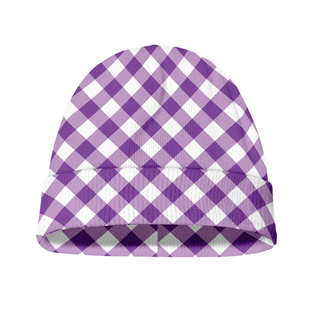 Violet And White Gingham Pattern Print Beanie