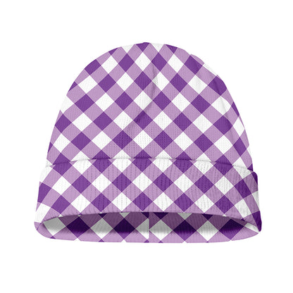 Violet And White Gingham Pattern Print Beanie
