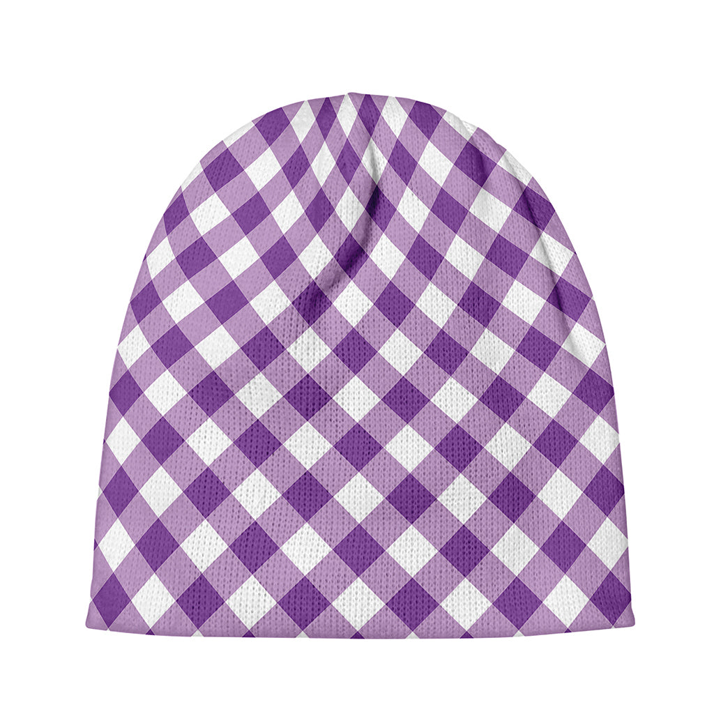 Violet And White Gingham Pattern Print Beanie