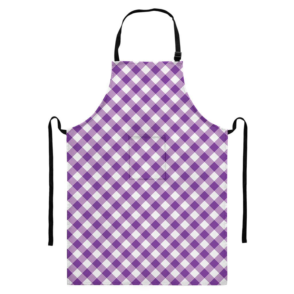 Violet And White Gingham Pattern Print Bib Apron With Pocket
