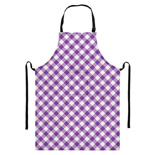 Violet And White Gingham Pattern Print Bib Apron With Pocket