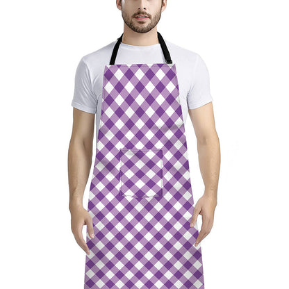 Violet And White Gingham Pattern Print Bib Apron With Pocket