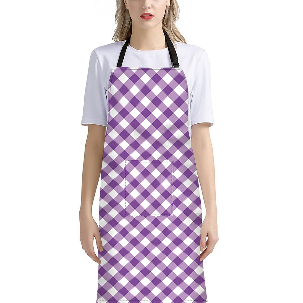 Violet And White Gingham Pattern Print Bib Apron With Pocket