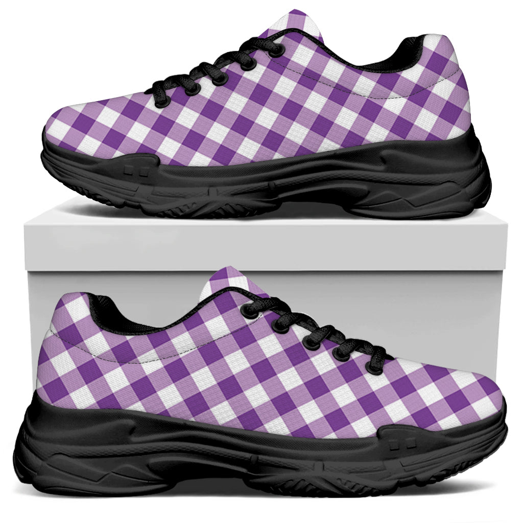 Violet And White Gingham Pattern Print Black Chunky Shoes