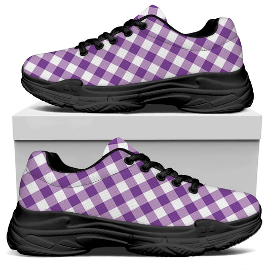 Violet And White Gingham Pattern Print Black Chunky Shoes